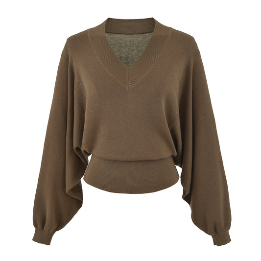 Women's Lantern Sleeve V-Neck Knit Sweater Top