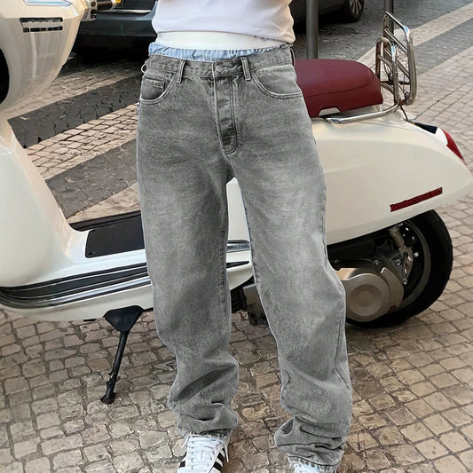 Casual Men's Gray Designer Jeans, Fashion Distressed Vintage Washed Denim Pants